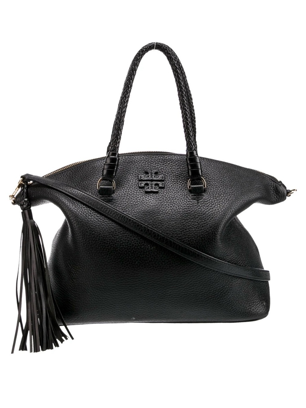 Authentic Tory Burch Black McGraw Dome  Leather Handbag with Tassel